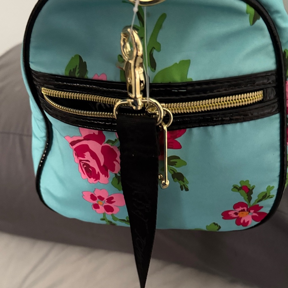 Betsey Johnson Turquoise Satchel with Pink Rose Print - Picture 6 of 7